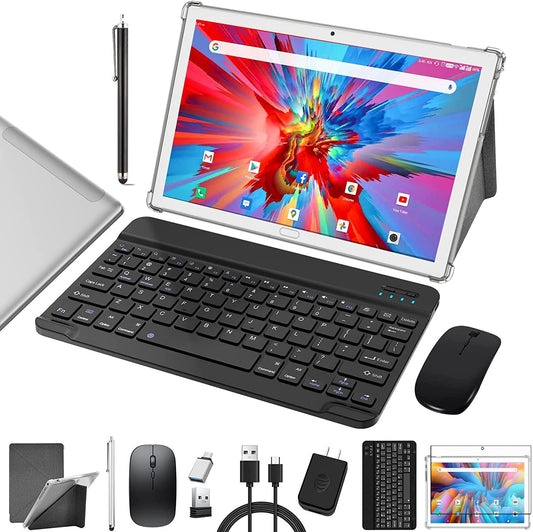 Tablet 10 Inch Android 13 Tablet,2024 Latest Update Octa-Core Processor,4G LTE Tablet,4GB RAM 64GB ROM,Support Dual Sim Card,Tablet with Keyboard,13 MP Camera Bluetooth WiFi,IPS Full HD Display,Silver