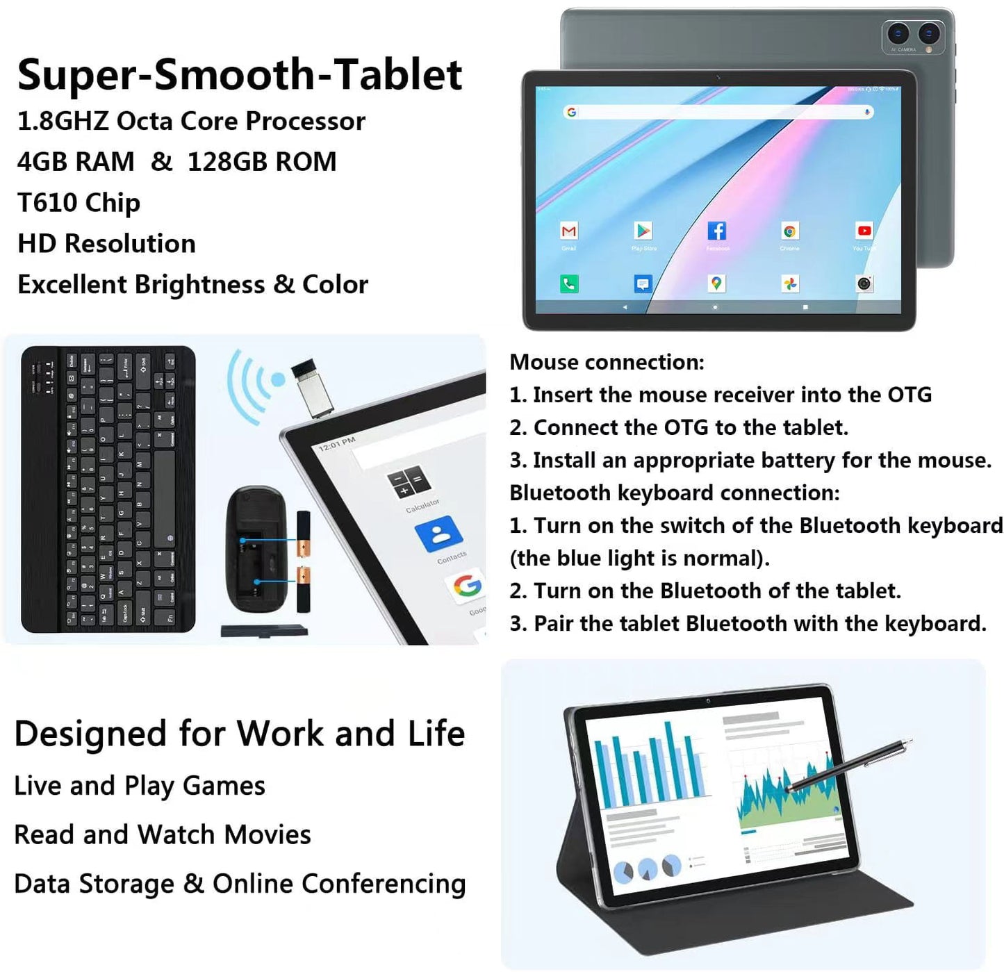 Tablet Android 12 Tablet,4GB+128GB ROM,10.1 Inch 5G Wi-Fi Tablet with Keyboard,Powerful Octa-Core Processor,Bluetooth,GPS,Google Certified HD Tablet PC, 2 in 1 Laptop Tablet,Mother's Day Gift Tablet