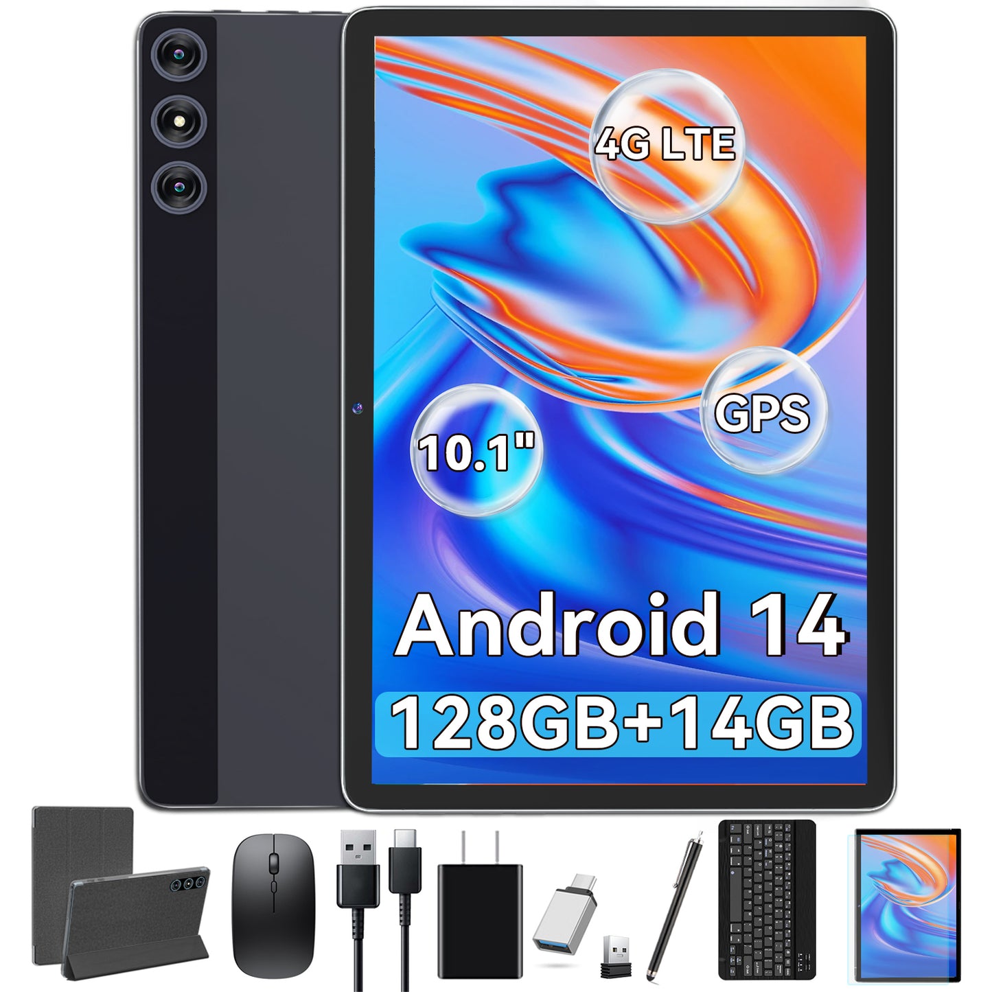 10Inch Android 14 Tablet,4G Cellular Tablet,128GB ROM 14GB RAM,Octa-Core,5G WiFi,4G LTE,13MP+8MP Dual Camera,GPS,1TB Expand,1920*1200 FHD IPS Display,8000mAh,Bluetooth,Android Tablet with Keyboard