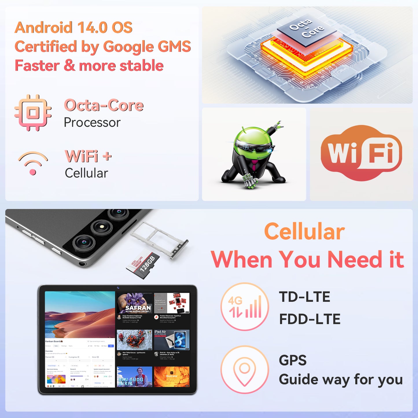 Android 14 Tablet,4G Cellular Tablet,128GB ROM 14GB RAM,10inch Tablet with Keyboard Wireless Mouse Stylus,Dual Sim Card Slot,Octa-Core 5G WiFi,GPS,Dual Camera,HD Display,Incell Screen,4G Phone Tablet