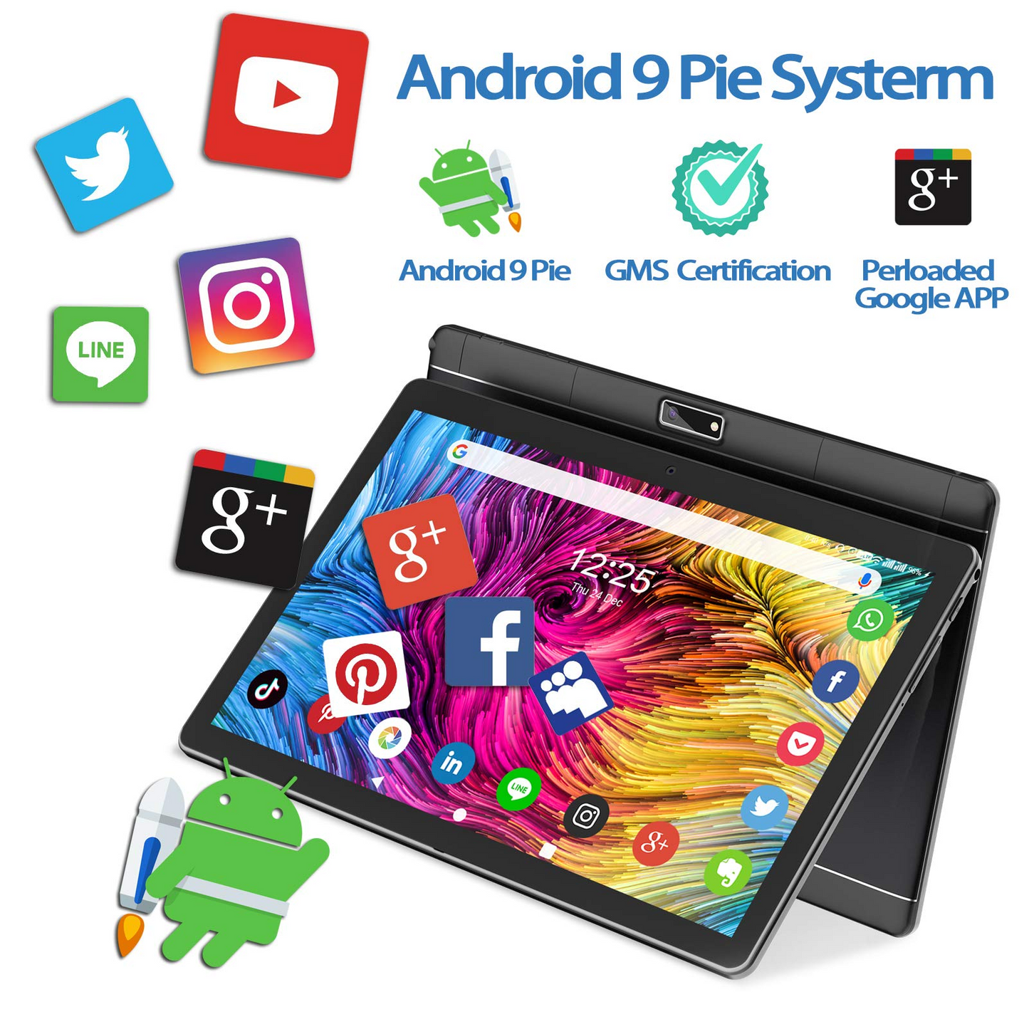 Tablet 10.1 Inch, Android 9.0 Pie Tablet PC with 32GB ROM/128GB Expand,Quad Core Processor,Dual Sim Card Slot,WiFi, Bluetooth, GPS,  HD Touchscreen, Support 3G Phone Call