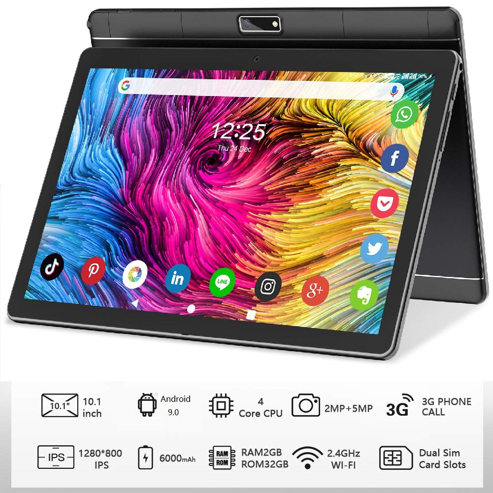 Tablet 10.1 Inch, Android 9.0 Pie Tablet PC with 32GB ROM/128GB Expand,Quad Core Processor,Dual Sim Card Slot,WiFi, Bluetooth, GPS,  HD Touchscreen, Support 3G Phone Call