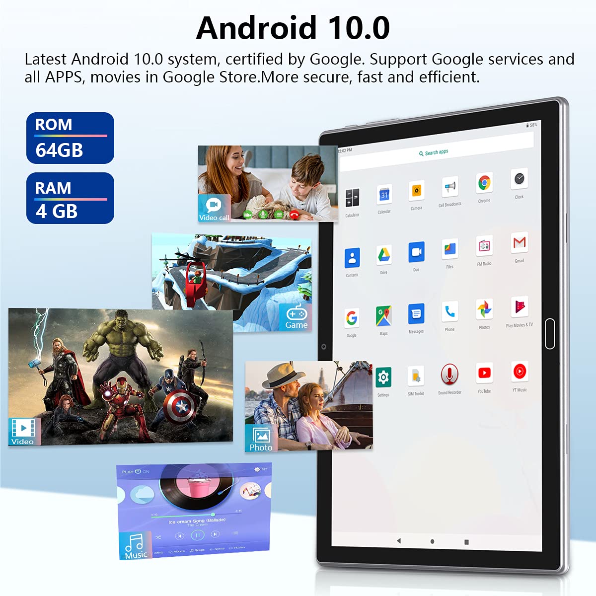 Tablet 10 inch Android 11 Tablet 2023 Latest Update 4G Phone Tablet 64GB + 4GB Storage Octa-Core Processor, 13MP Camera, Dual SIM Card Slot, 128GB Expand Support, GPS, WiFi, Bluetooth, 1080P HD (Gray)